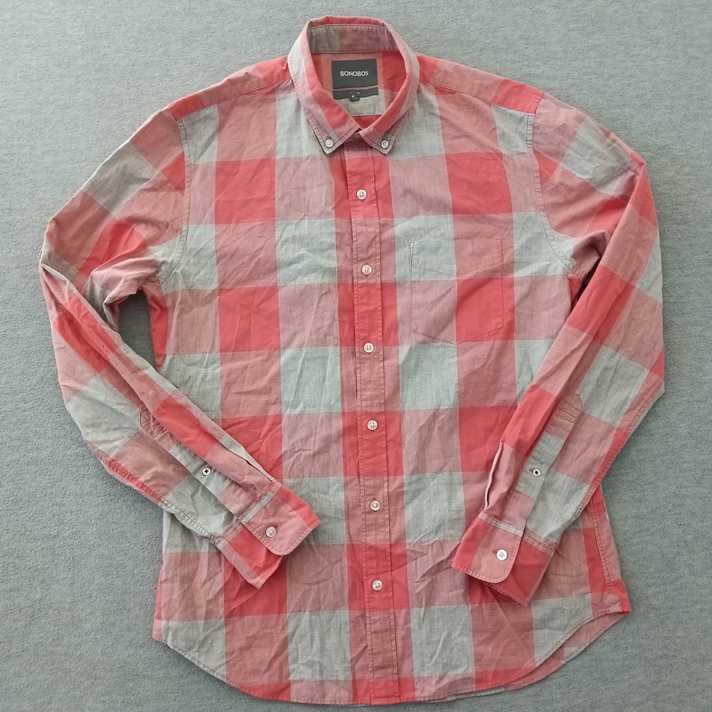 Bonobos Mens Slim Fit Buffalo Check Button Down Shirt Coral Grey Medium